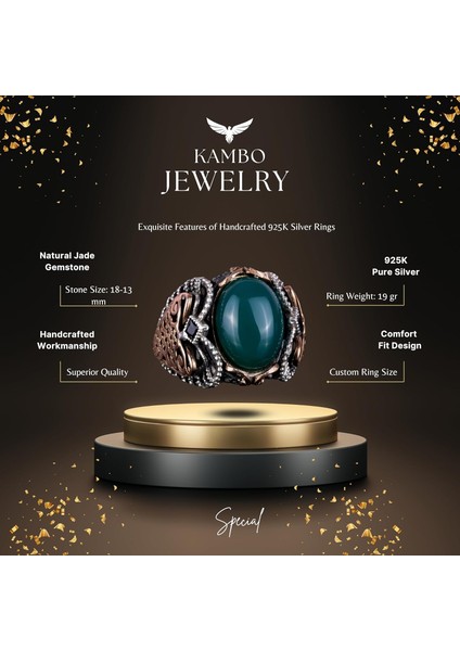 El Yapımı Doğal Jade Taş Yüzük - Huzurlu 925K Katı Gümüş Erkek Yüzüğü - Uyum ve Refah Tasarımı indirimleri