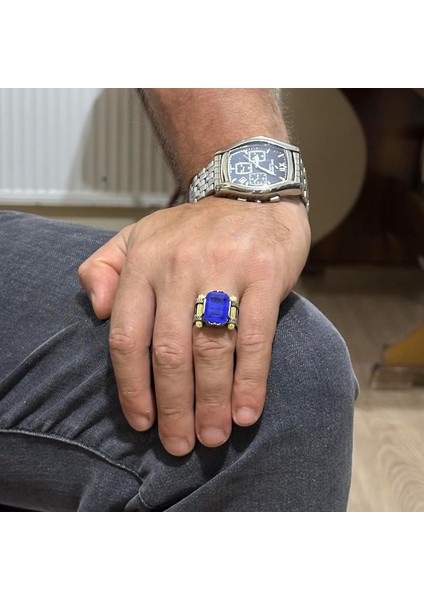 Navy Mavi Paraiba Yapay Taşı Yüzük - 925 Ayar Gümüş El Yapımı Yüzük, Erkek Takısı modelleri