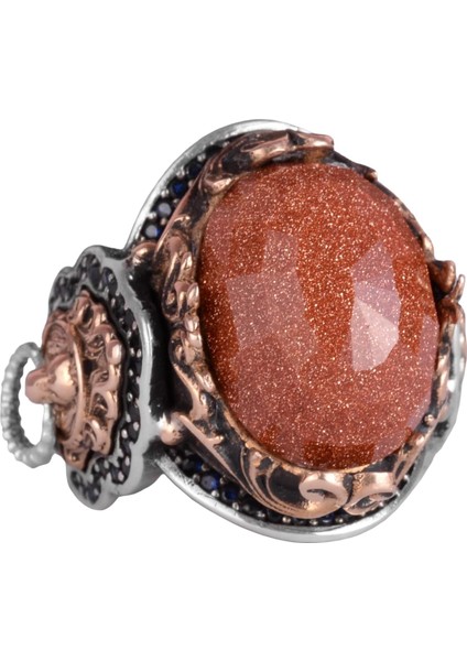 Kahverengi Güneş Taşı Yapay Taş Yüzük, 925K Gümüş Erkek Yüzük, Aslan Sembol Yüzüğü, Gümüş Modaya Uygun Erkek Yüzük