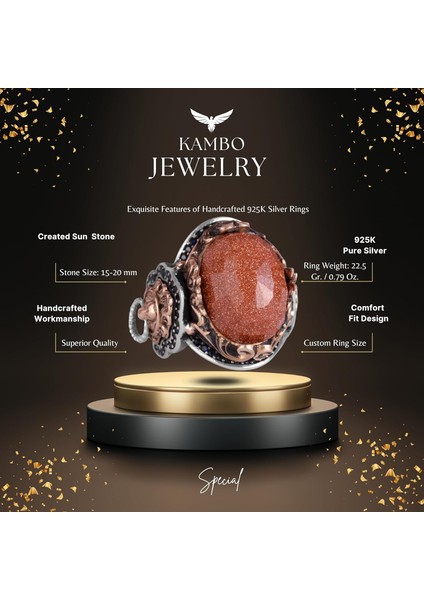 Kahverengi Güneş Taşı Yapay Taş Yüzük, 925K Gümüş Erkek Yüzük, Aslan Sembol Yüzüğü, Gümüş Modaya Uygun Erkek Yüzük fiyatları