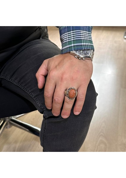 Kahverengi Güneş Taşı Yapay Taş Yüzük, 925K Gümüş Erkek Yüzük, Aslan Sembol Yüzüğü, Gümüş Modaya Uygun Erkek Yüzük modelleri