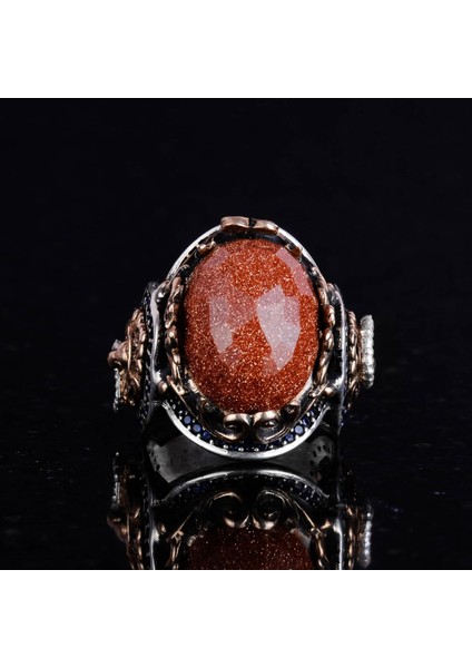 Kahverengi Güneş Taşı Yapay Taş Yüzük, 925K Gümüş Erkek Yüzük, Aslan Sembol Yüzüğü, Gümüş Modaya Uygun Erkek Yüzük fırsatları