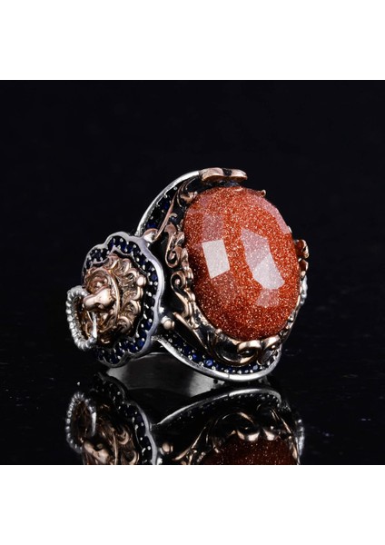 Kahverengi Güneş Taşı Yapay Taş Yüzük, 925K Gümüş Erkek Yüzük, Aslan Sembol Yüzüğü, Gümüş Modaya Uygun Erkek Yüzük indirimleri