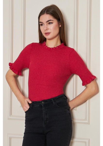 Kadın Fırfırlı Kısa Kollu Fitilli Triko Bluz 1212 fiyatları
