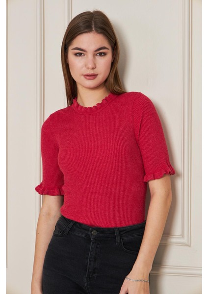 Kadın Fırfırlı Kısa Kollu Fitilli Triko Bluz 1212 modelleri