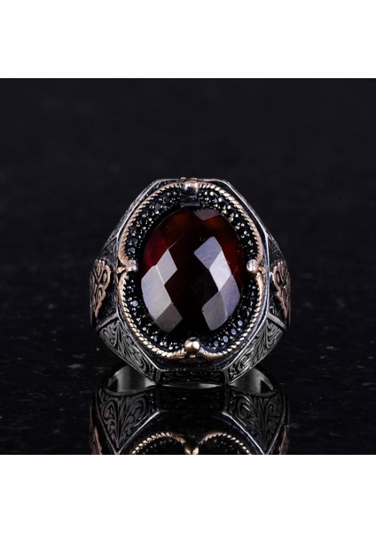 El Yapımı Doğal Granat Taşlı Yüzük - Derin 925K Katı Gümüş Erkek Yüzüğü, Tutku ve Enerji Tasarımı fırsatları
