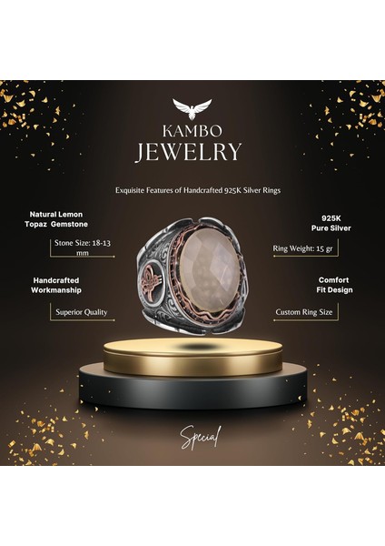 925 Ayar Katı Gümüş Erkek Yüzük, Limon Topaz Taşlı Yüzük - El Yapımı Şıklık fiyatları
