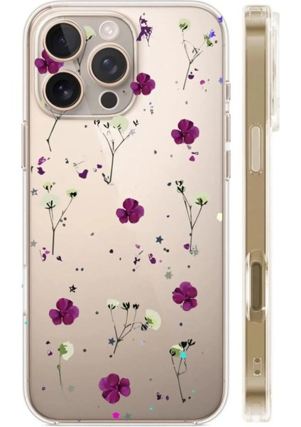 Apple iPhone 16 Pro Uyumlu Desenli Şeffaf Silikon Kılıf Morçiçekler