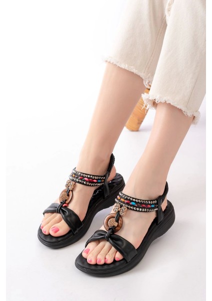 DM-608 Siyah Taşlı Arka Lastikli Günlük Kadın Sandalet