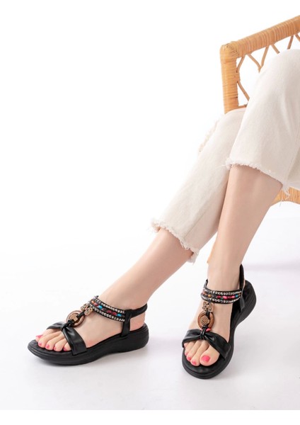 DM-608 Siyah Taşlı Arka Lastikli Günlük Kadın Sandalet fiyatları