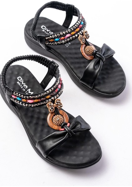 DM-608 Siyah Taşlı Arka Lastikli Günlük Kadın Sandalet modelleri
