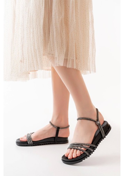 1001-1100 Siyah Platin Taşlı Günlük Kadın Sandalet fiyatları