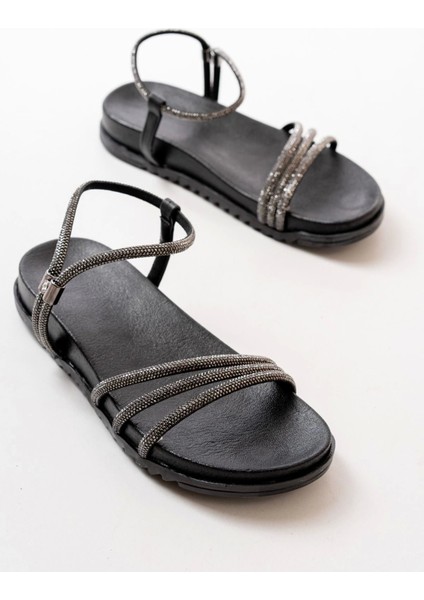 1001-1100 Siyah Platin Taşlı Günlük Kadın Sandalet fırsatları