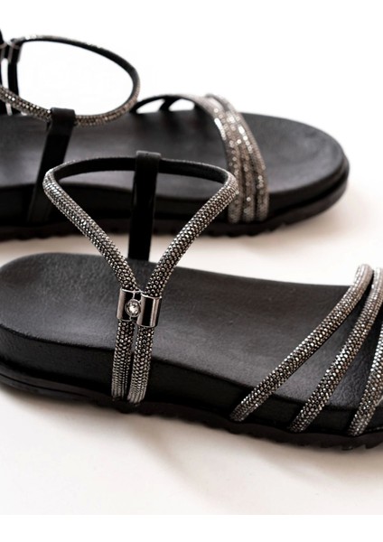 1001-1100 Siyah Platin Taşlı Günlük Kadın Sandalet indirimleri