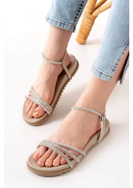 1001-1100 Bej Gümüş Taşlı Günlük Kadın Sandalet