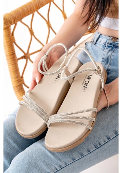 1001-1100 Bej Gümüş Taşlı Günlük Kadın Sandalet fiyatları