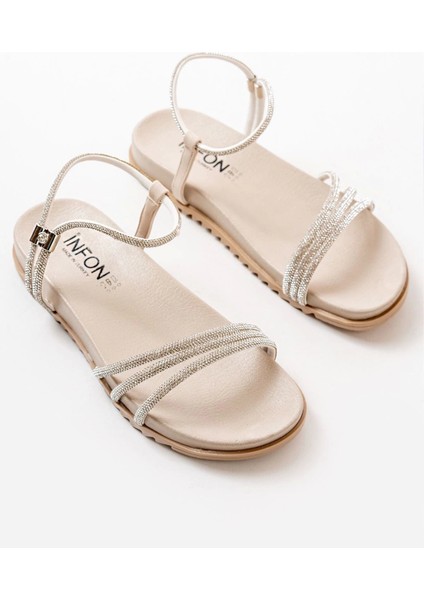 1001-1100 Bej Gümüş Taşlı Günlük Kadın Sandalet modelleri