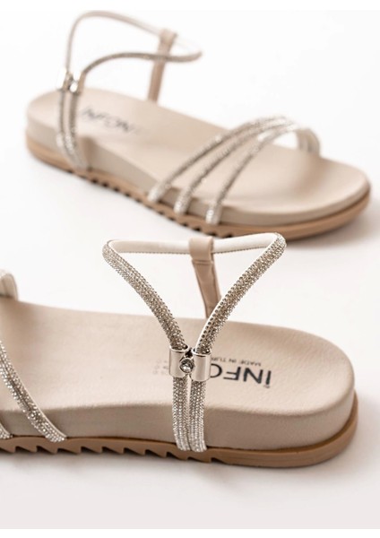1001-1100 Bej Gümüş Taşlı Günlük Kadın Sandalet fırsatları