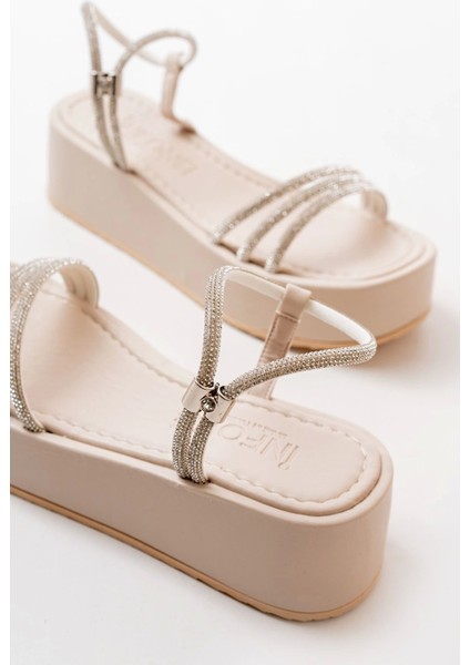 861-1100 Bej Günlük Gümüş Taşlı Dolgu Kadın Sandalet indirimleri