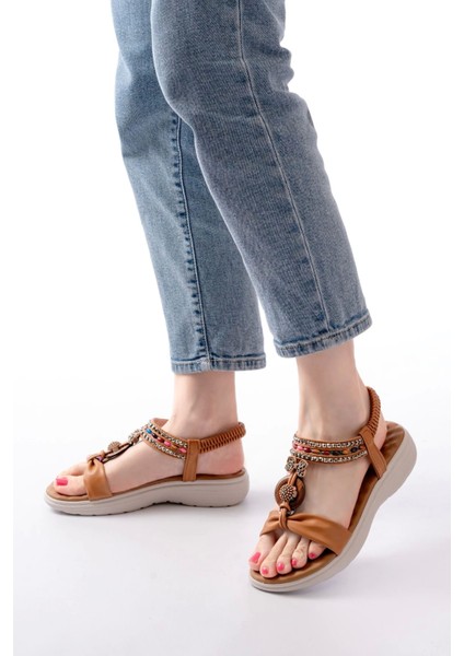 DM-608 Taba Taşlı Arka Lastikli Günlük Kadın Sandalet