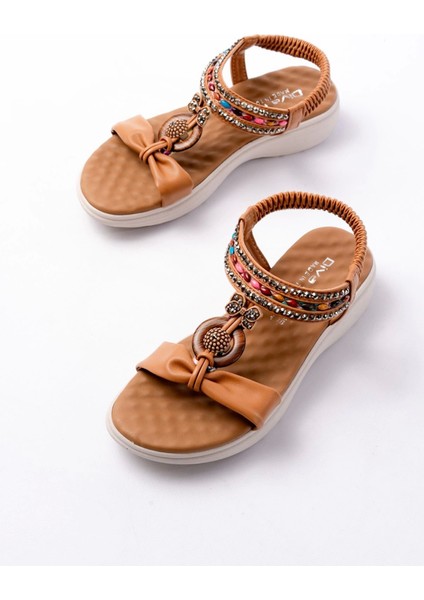 DM-608 Taba Taşlı Arka Lastikli Günlük Kadın Sandalet modelleri