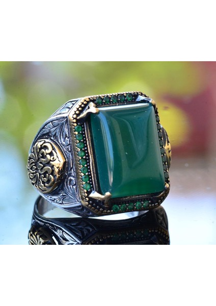 Doğal Yeşil Jade Taşı, Sterlin Gümüş Erkek Yüzük, Bizans Imparatorluğu Yüzüğü modelleri
