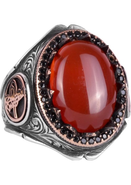 925 Ayar Katı Gümüş Erkek Yüzük Doğal Taşlarla - El Yapımı Şıklık (Kırmızı Akik Taşı)