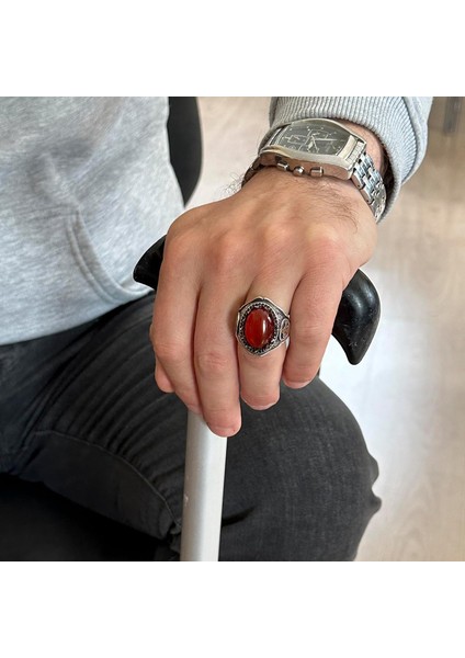 925 Ayar Katı Gümüş Erkek Yüzük Doğal Taşlarla - El Yapımı Şıklık (Kırmızı Akik Taşı) modelleri