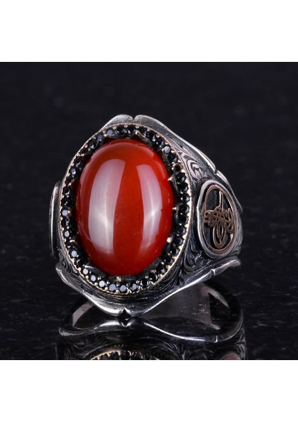 925 Ayar Katı Gümüş Erkek Yüzük Doğal Taşlarla - El Yapımı Şıklık (Kırmızı Akik Taşı) fırsatları