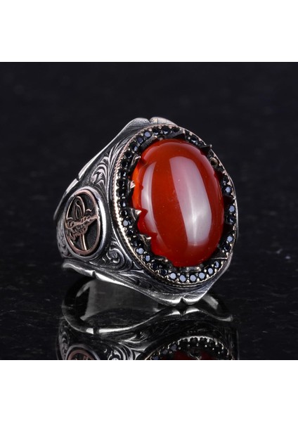 925 Ayar Katı Gümüş Erkek Yüzük Doğal Taşlarla - El Yapımı Şıklık (Kırmızı Akik Taşı) indirimleri
