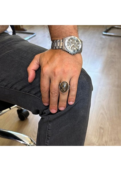 Doğal Taş Yüzük - 925 Ayar Gümüş Büyük Yüzük - El Yapımı Yüzük (Bronzit) modelleri