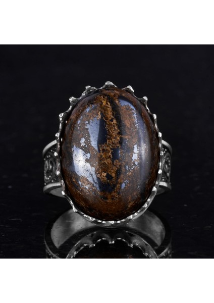 Doğal Taş Yüzük - 925 Ayar Gümüş Büyük Yüzük - El Yapımı Yüzük (Bronzit) fırsatları