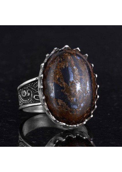 Doğal Taş Yüzük - 925 Ayar Gümüş Büyük Yüzük - El Yapımı Yüzük (Bronzit) indirimleri