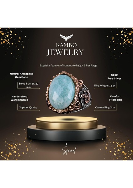 Denizci Çapa Gümüş Yüzük, Doğal Taş Yüzük Erkekler Için, 925 Ayar Gümüş Yüzük, (Amazonit) fiyatları