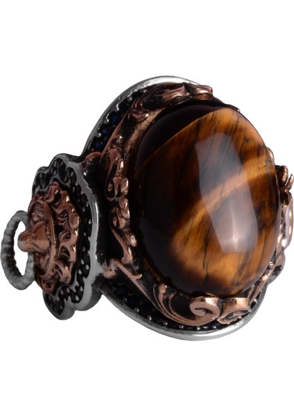 El Yapımı Kaplan Gözü Taşlı Yüzük, Aslan Sembol Yüzüğü - 925K Katkısız Gümüş Erkek Yüzüğü - Cesur Tasarım