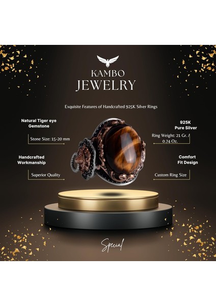 El Yapımı Kaplan Gözü Taşlı Yüzük, Aslan Sembol Yüzüğü - 925K Katkısız Gümüş Erkek Yüzüğü - Cesur Tasarım fiyatları