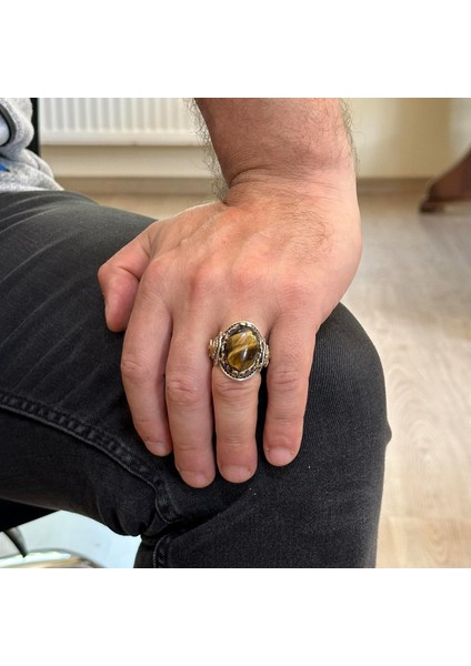 El Yapımı Kaplan Gözü Taşlı Yüzük, Aslan Sembol Yüzüğü - 925K Katkısız Gümüş Erkek Yüzüğü - Cesur Tasarım modelleri