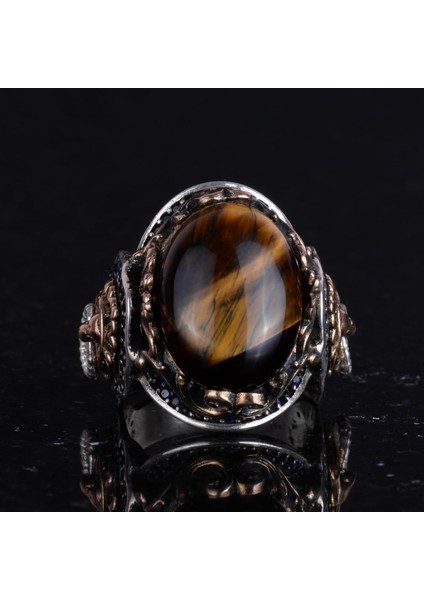 El Yapımı Kaplan Gözü Taşlı Yüzük, Aslan Sembol Yüzüğü - 925K Katkısız Gümüş Erkek Yüzüğü - Cesur Tasarım fırsatları