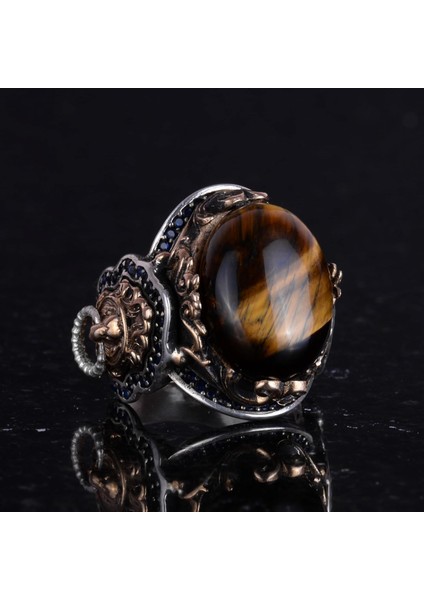 El Yapımı Kaplan Gözü Taşlı Yüzük, Aslan Sembol Yüzüğü - 925K Katkısız Gümüş Erkek Yüzüğü - Cesur Tasarım indirimleri