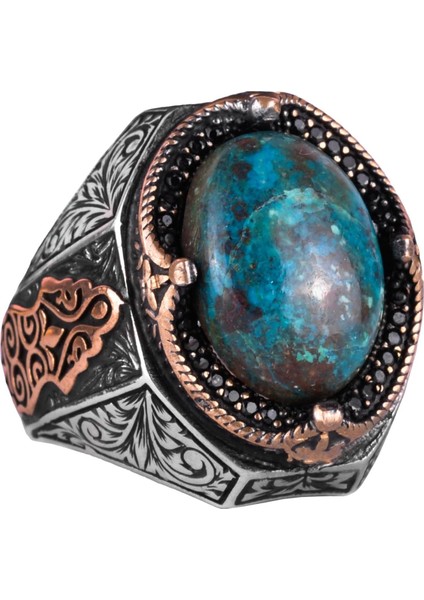 Doğal Krysokolla Taşlı Yüzük - 925 Ayar Katı Gümüş Erkek Yüzüğü