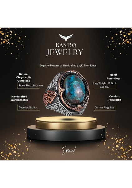Doğal Krysokolla Taşlı Yüzük - 925 Ayar Katı Gümüş Erkek Yüzüğü fiyatları