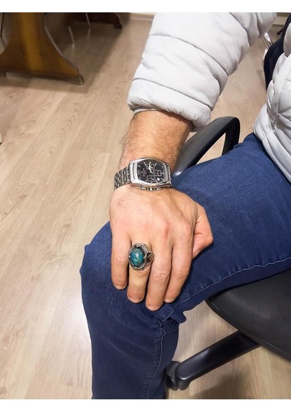 Doğal Krysokolla Taşlı Yüzük - 925 Ayar Katı Gümüş Erkek Yüzüğü modelleri
