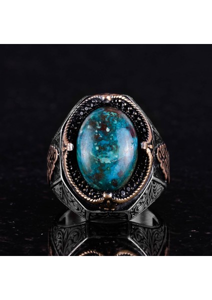 Doğal Krysokolla Taşlı Yüzük - 925 Ayar Katı Gümüş Erkek Yüzüğü fırsatları