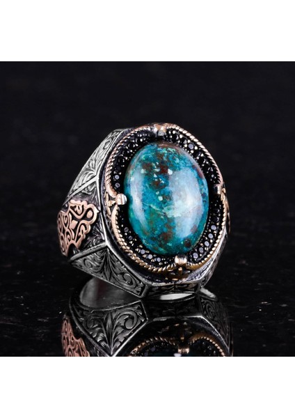 Doğal Krysokolla Taşlı Yüzük - 925 Ayar Katı Gümüş Erkek Yüzüğü indirimleri
