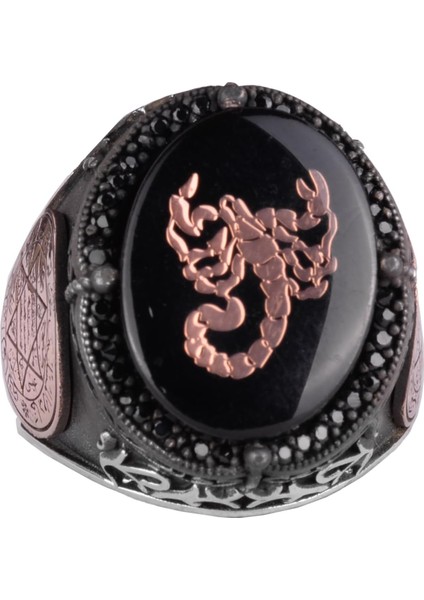 Özgün Desenli Yüzük - 925 Ayar Gümüş El Yapımı Erkek Yüzüğü - Davut Yıldızı Yüzüğü (Akrep)