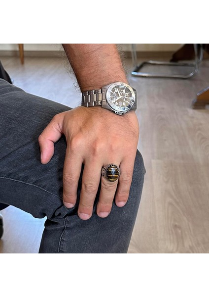 Doğal Taş Yüzük - El Yapımı Kartal Yüzük - 925 Ayar Gümüş Yüzük (Kaplan Gözü) modelleri