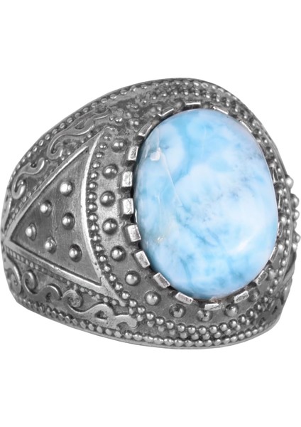 Doğal Taş Yüzük, 925 Ayar Katı Gümüş Erkek Yüzüğü (Larimar)