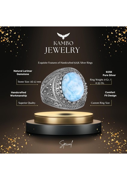 Doğal Taş Yüzük, 925 Ayar Katı Gümüş Erkek Yüzüğü (Larimar) fiyatları