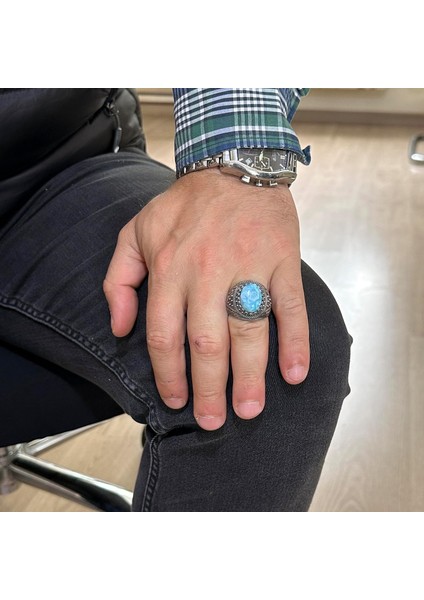 Doğal Taş Yüzük, 925 Ayar Katı Gümüş Erkek Yüzüğü (Larimar) modelleri