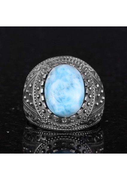 Doğal Taş Yüzük, 925 Ayar Katı Gümüş Erkek Yüzüğü (Larimar) fırsatları
